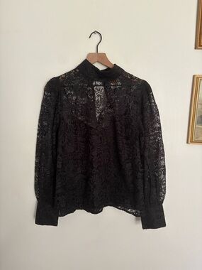 FARM RIO Sheer Black Lace High-Neck Blouse Long Sleeve Lined Women’s Chic Large